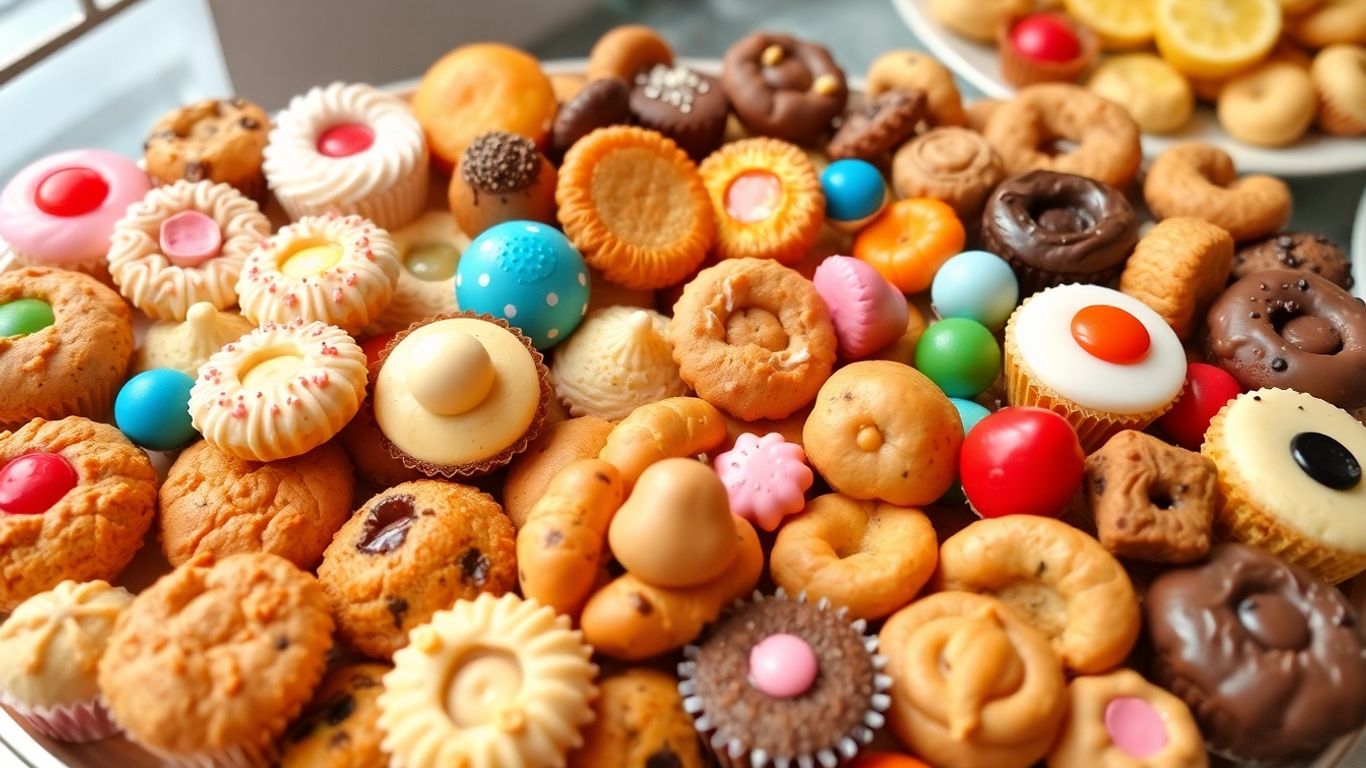 เบเกอรี่ชิ้นเล็กหลากหลายชนิด จัดวางอย่างสวยงามน่ารับประทาน