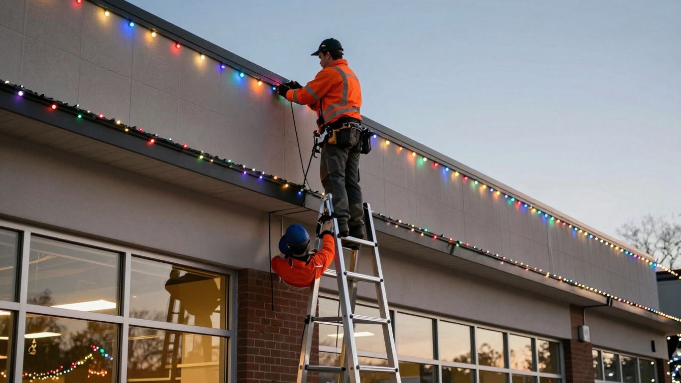 Commercial building decorated with festive Christmas lights.