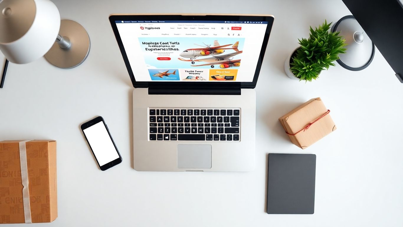 Desk with laptop, phone, and shipping box.