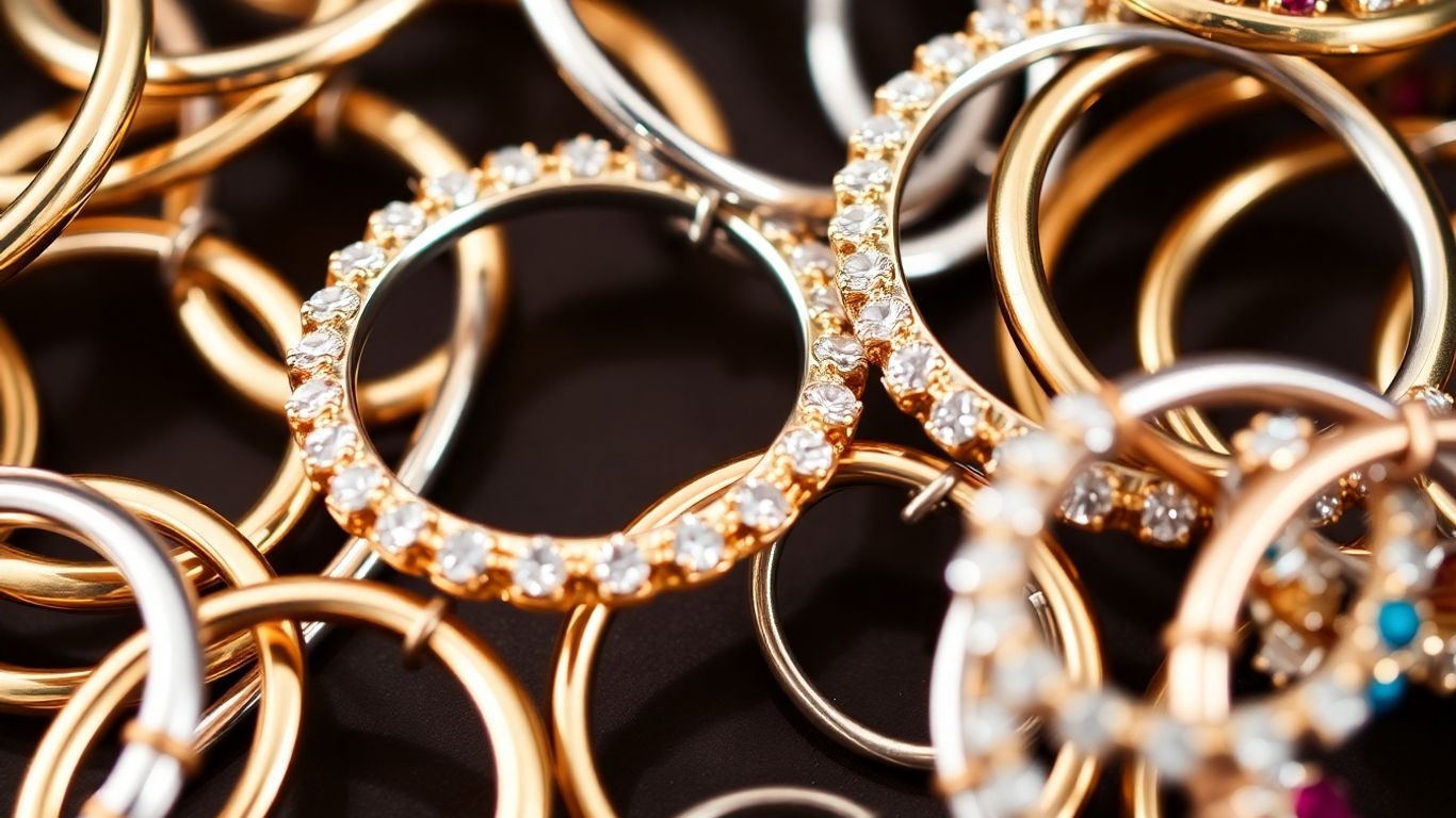 Assortment of hoop earrings with different metals and gemstones.