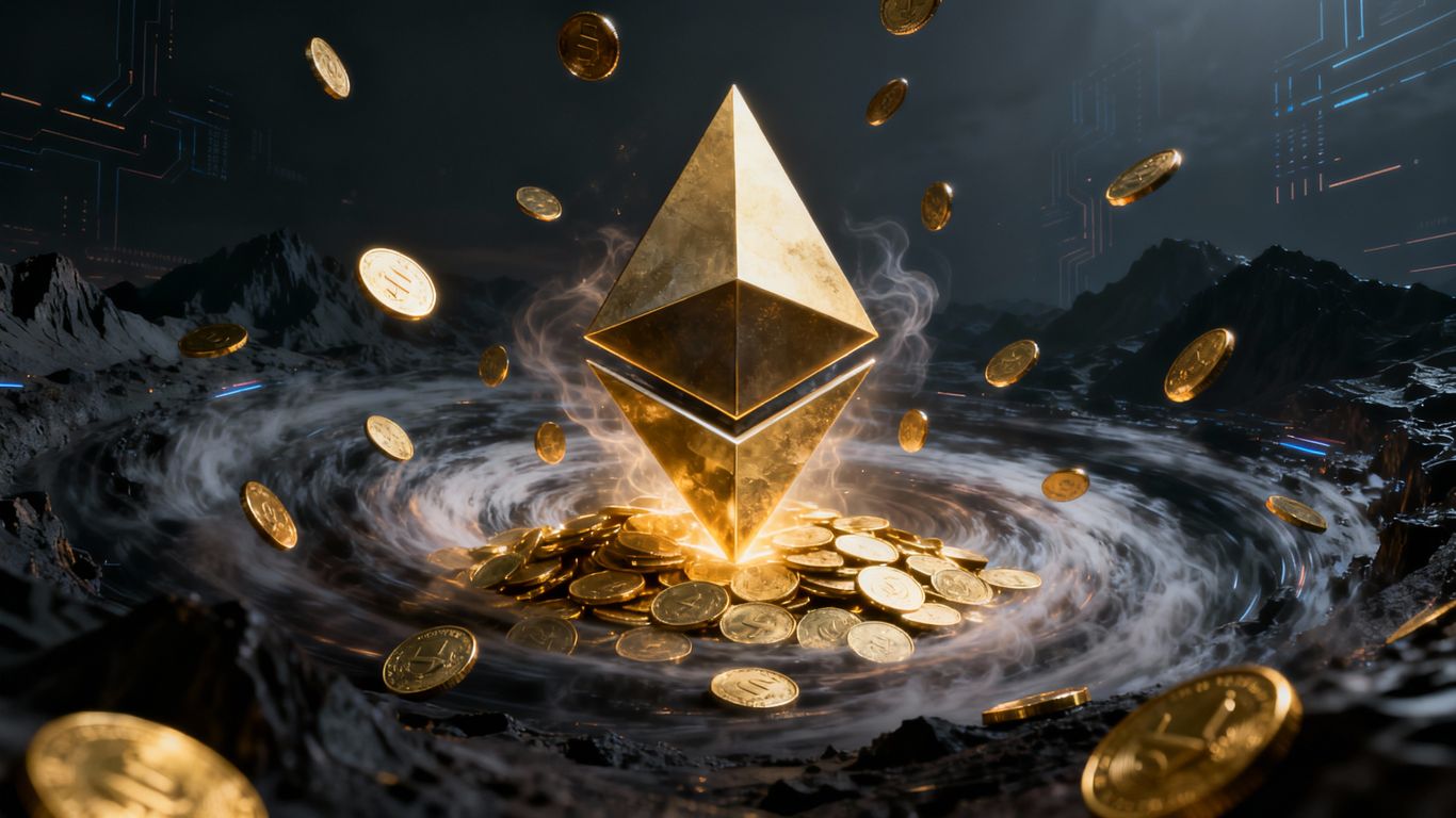 Ethereum logo with falling gold coins, digital currency.