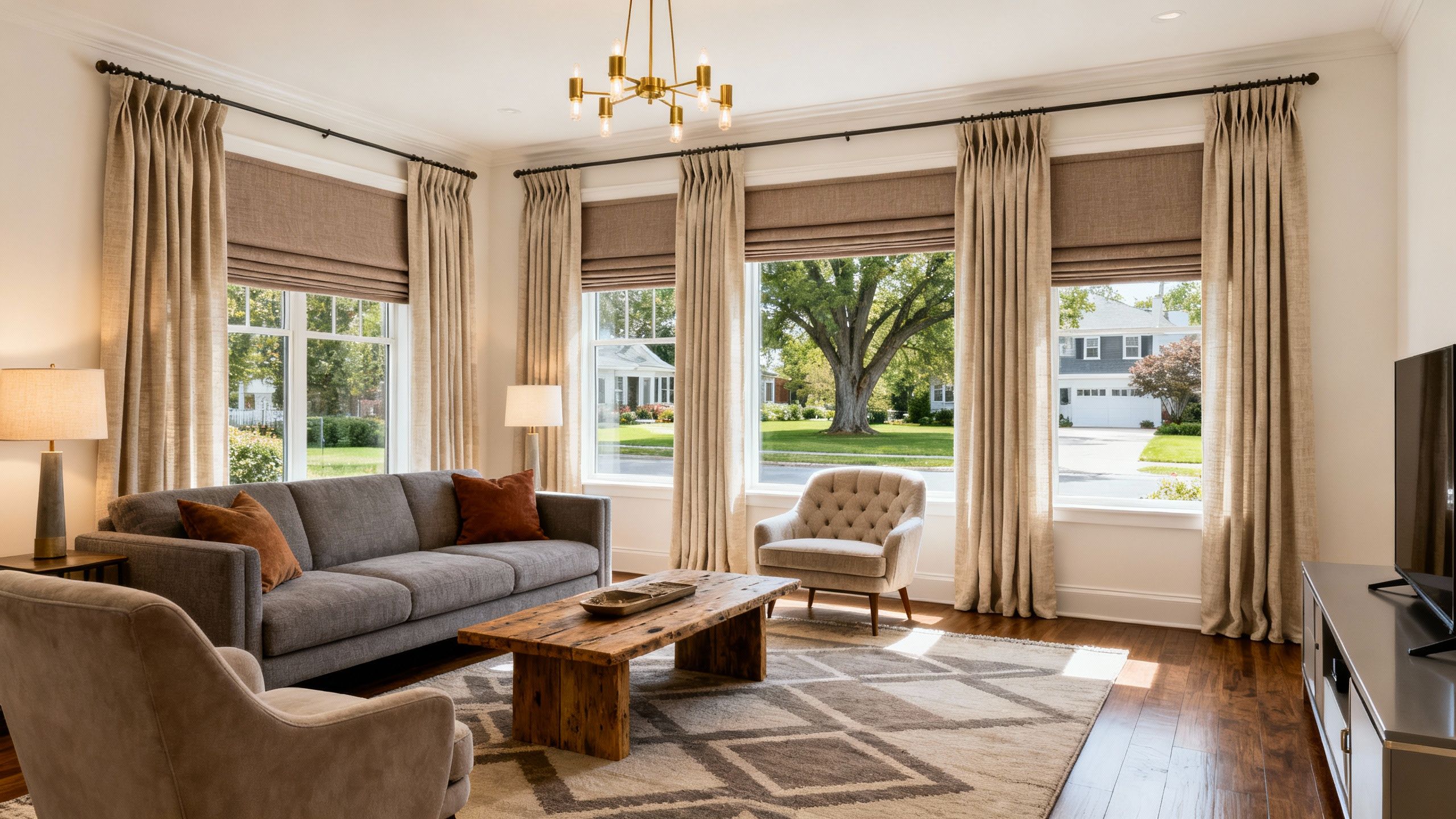 A beautiful North Jersey living room with custom window treatments