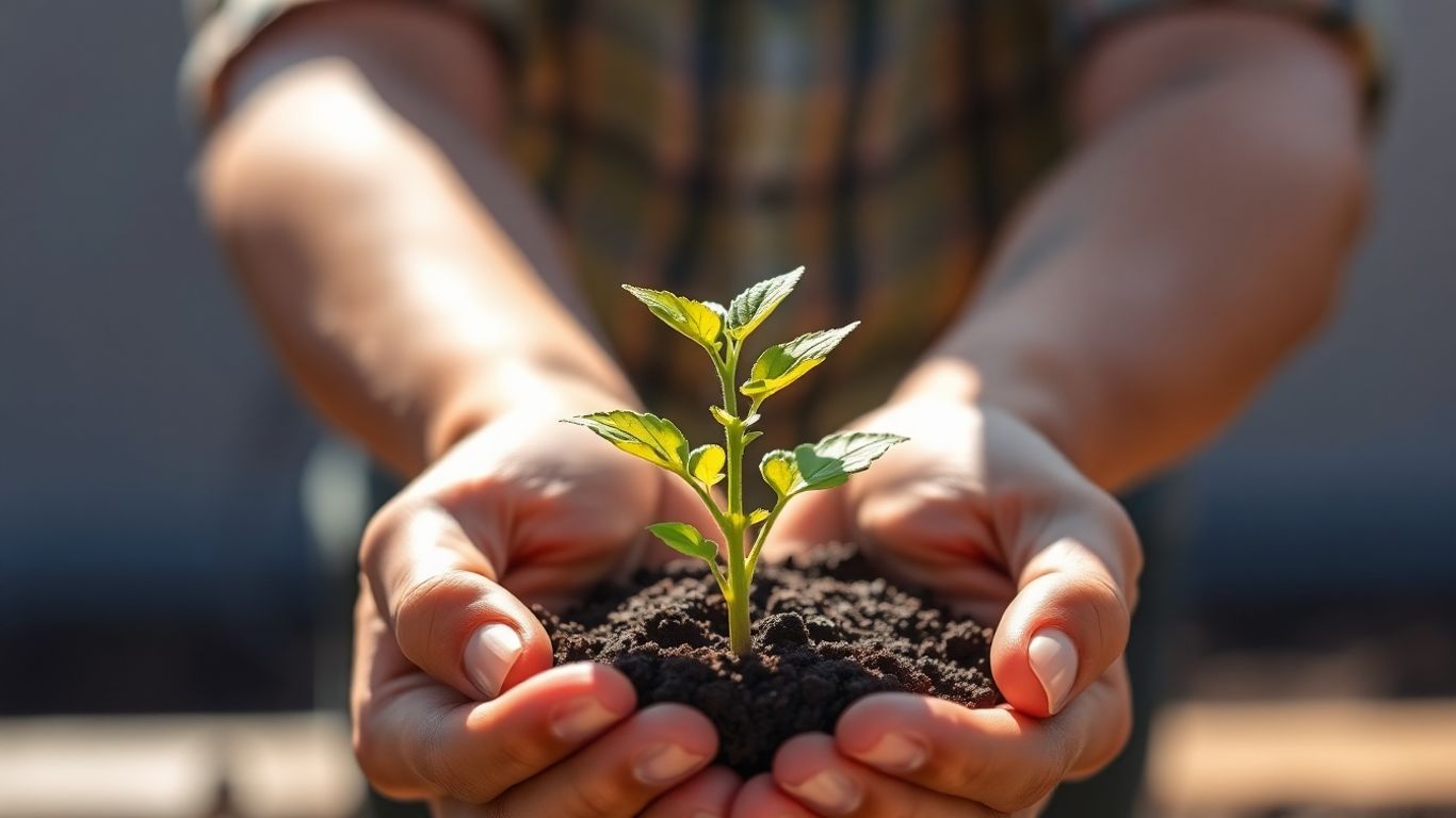 Person planting a seedling, symbolizing share investment growth.