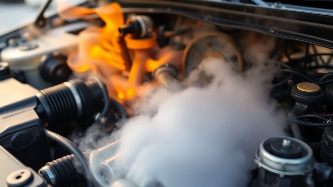 Car engine overheating with steam rising from radiator.