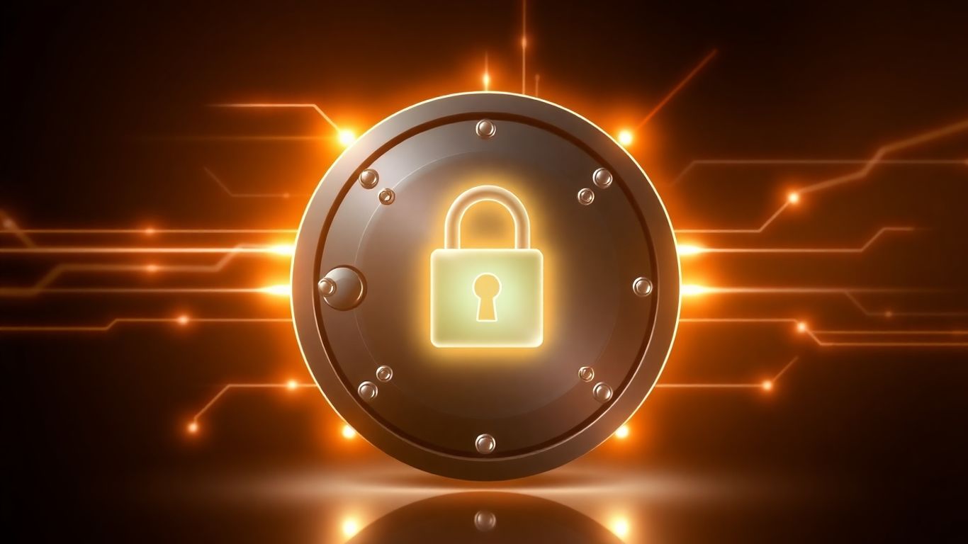 Secure digital vault with glowing lock icon.
