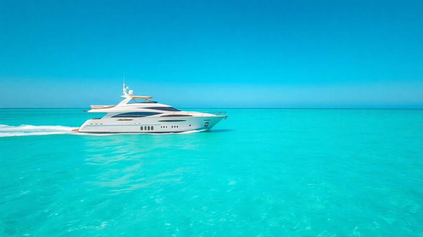 Luxurious private yacht sailing on turquoise ocean waters.