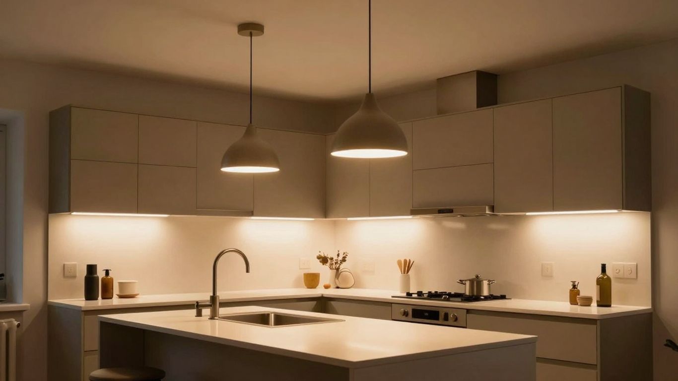 Stylish kitchen lighting with pendant and under-cabinet lights.