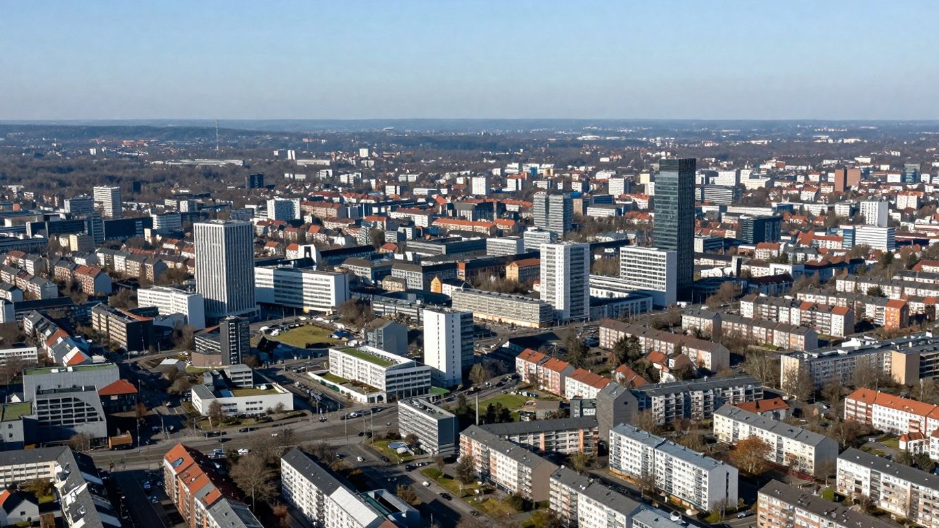 Blick über dicht besiedelte Stadtlandschaft in NRW
