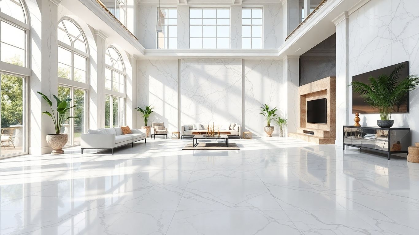 Elegant 24x24 marble floor tiles in a bright room.