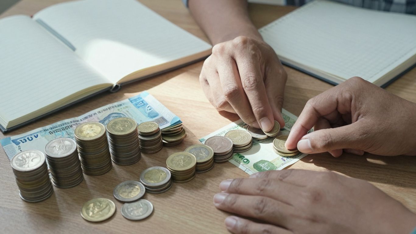 Persoană organizând bani și monede pe o masă.