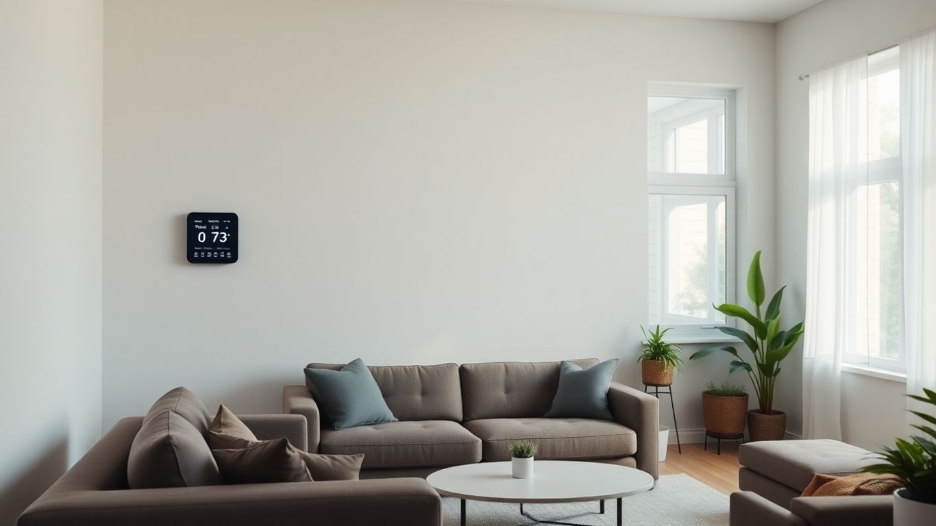 Smart thermostat in a modern and bright living room.