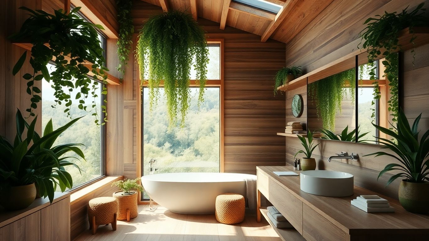 Biophilic bathroom with plants and natural light.