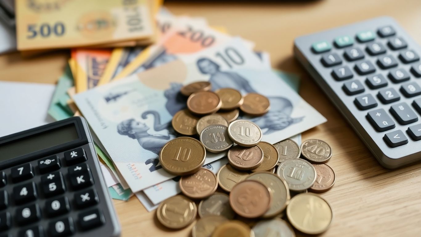 Australian dollars and coins with a calculator.