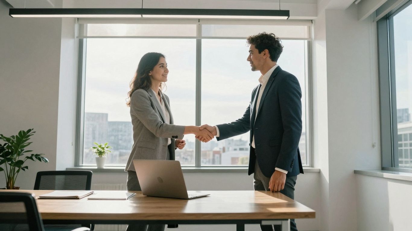 Oameni de afaceri discutând într-un birou modern.