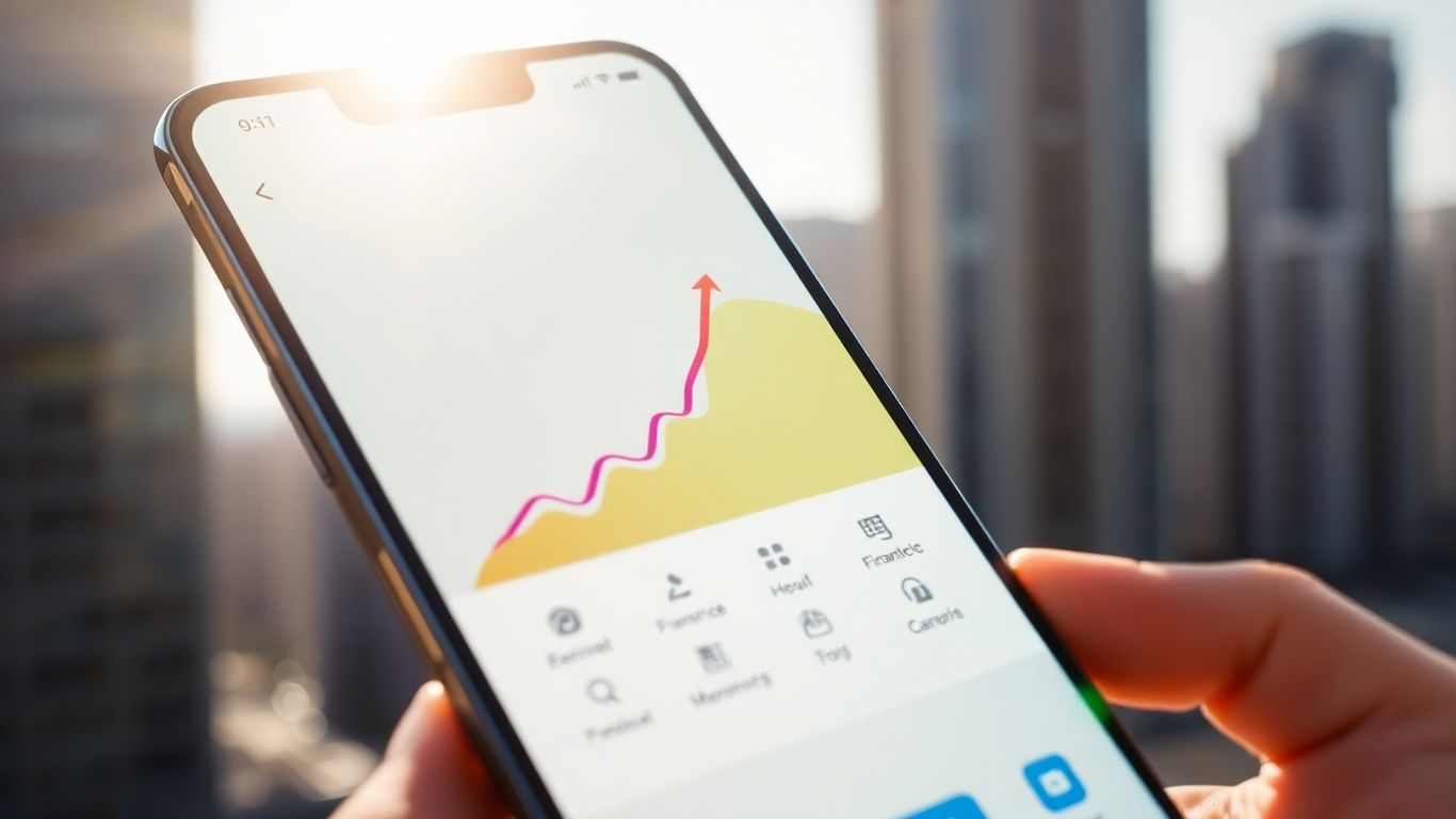 Smartphone with trading app and cityscape background.