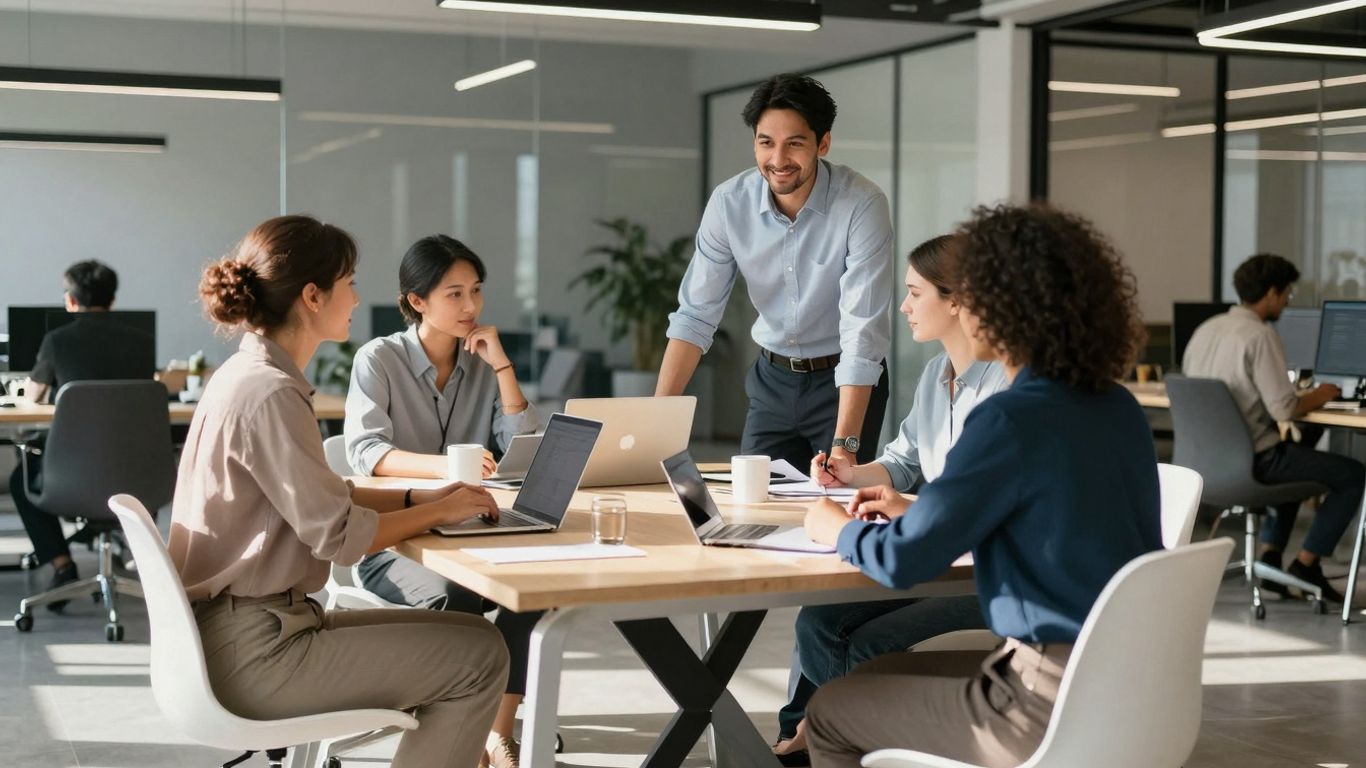 Professionals collaborating in a bright, modern office space.