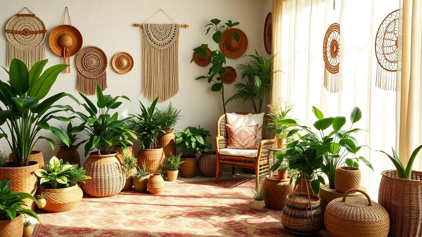 Boho living room with plants, textiles, and vintage decor.