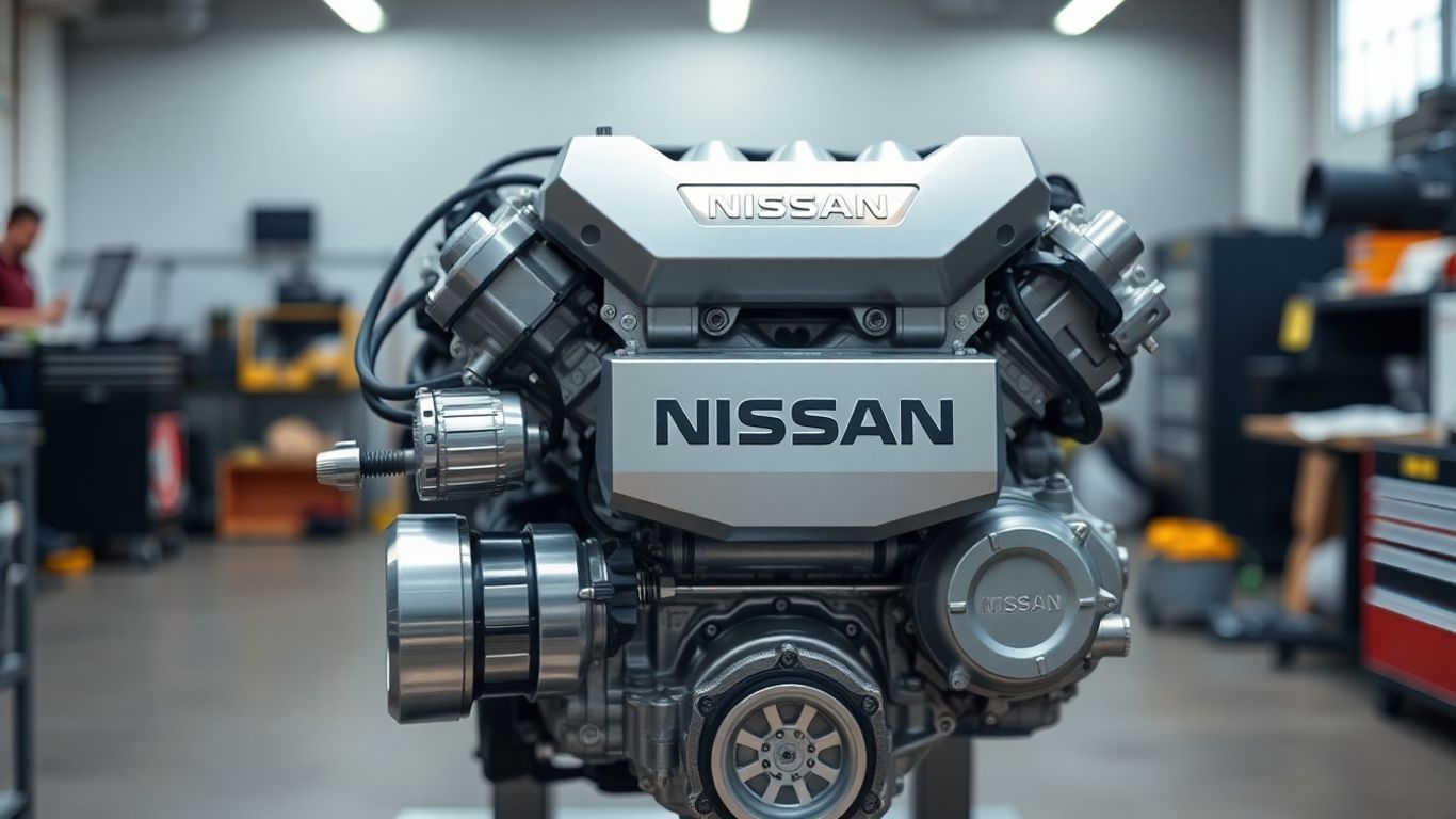 Nissan engine in a workshop setting.