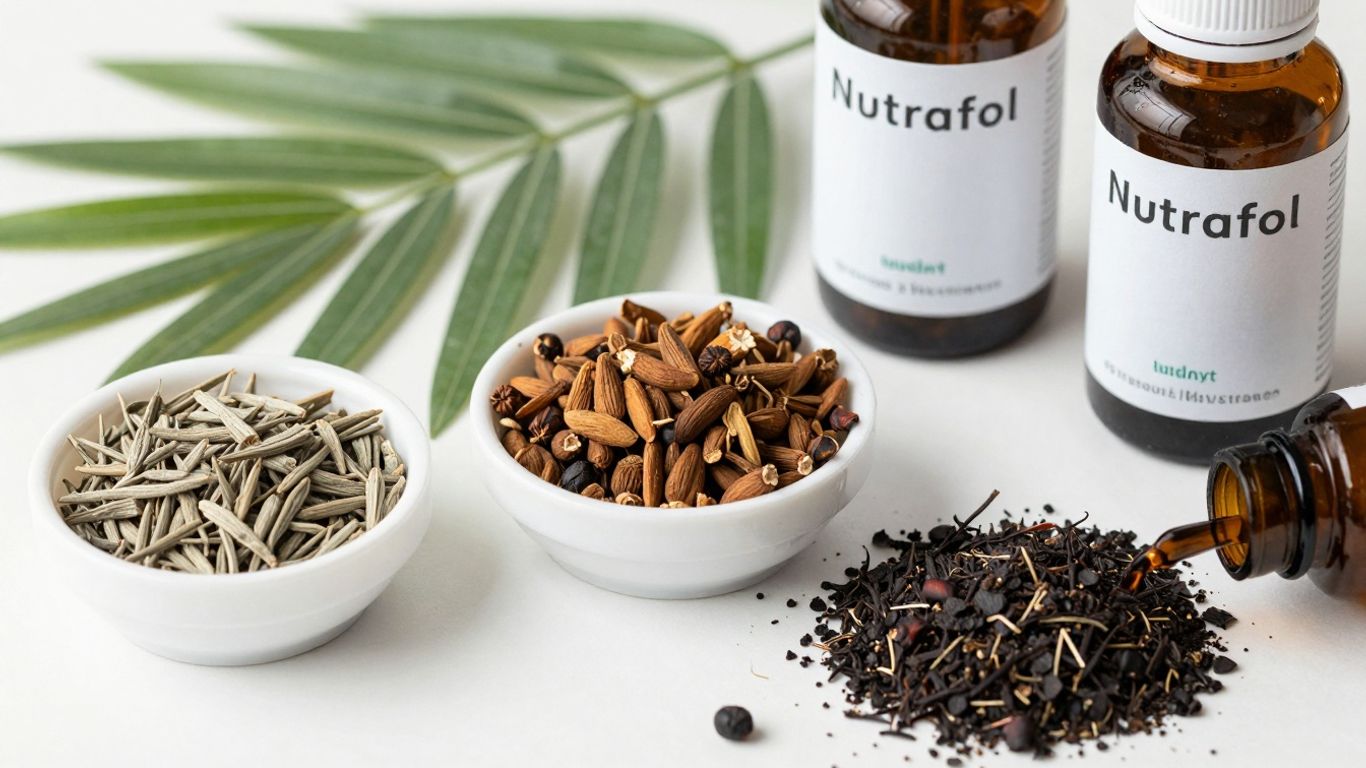 Nutrafol ingredients and bottles for hair growth.