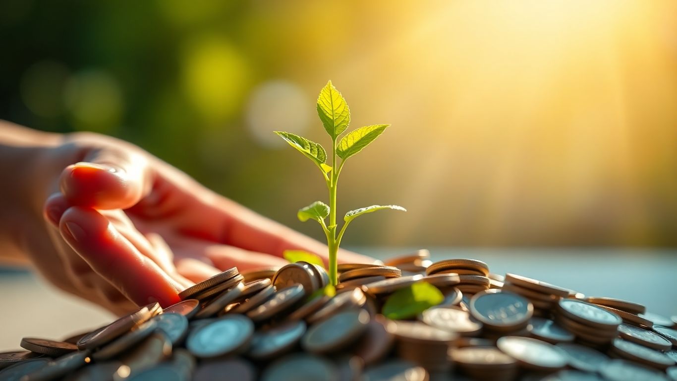 Plant growing from coins, symbolizing investment growth.
