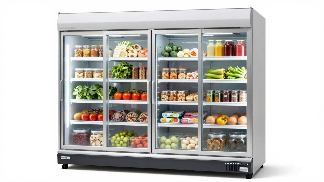 Serve over counter fridge displaying chilled food items.