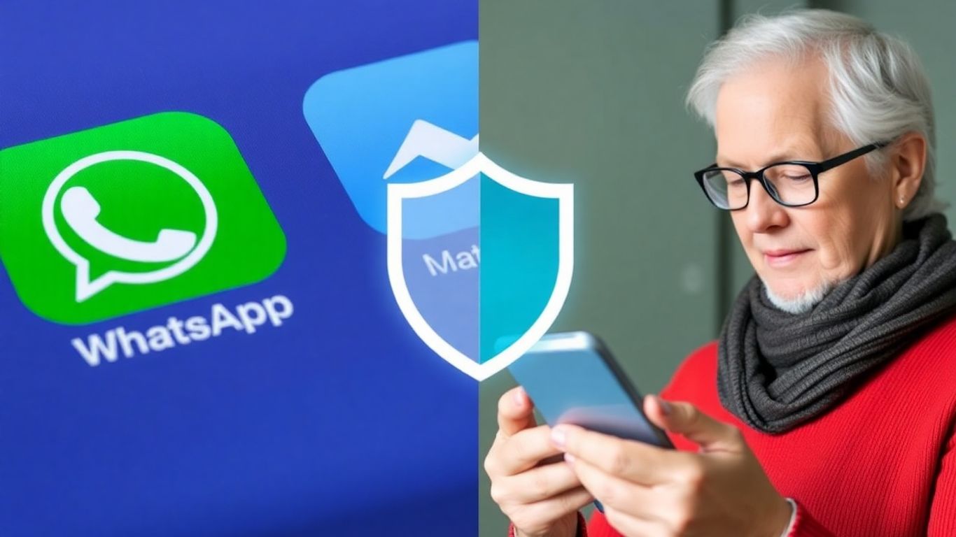 WhatsApp and Messenger icons with a shield protecting a senior.