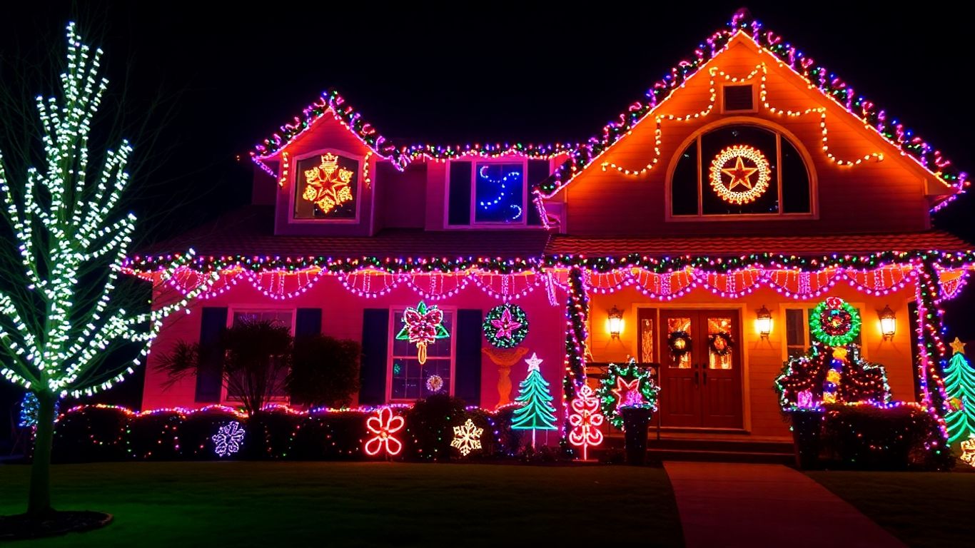 Festive house decorated with colorful Christmas lights at night.
