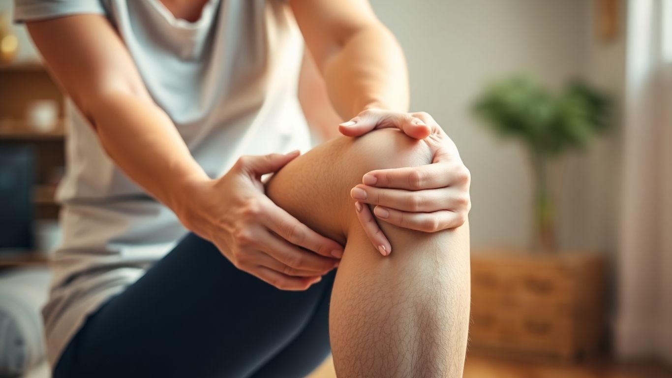 Person stretching knee, natural light, joint relief