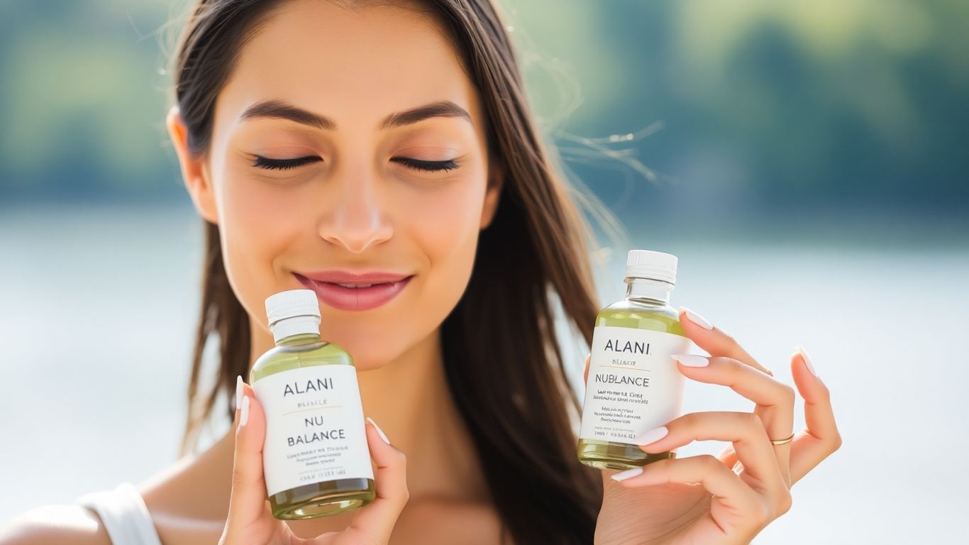 Woman holding Alani Nu Balance bottle, looking healthy and serene.
