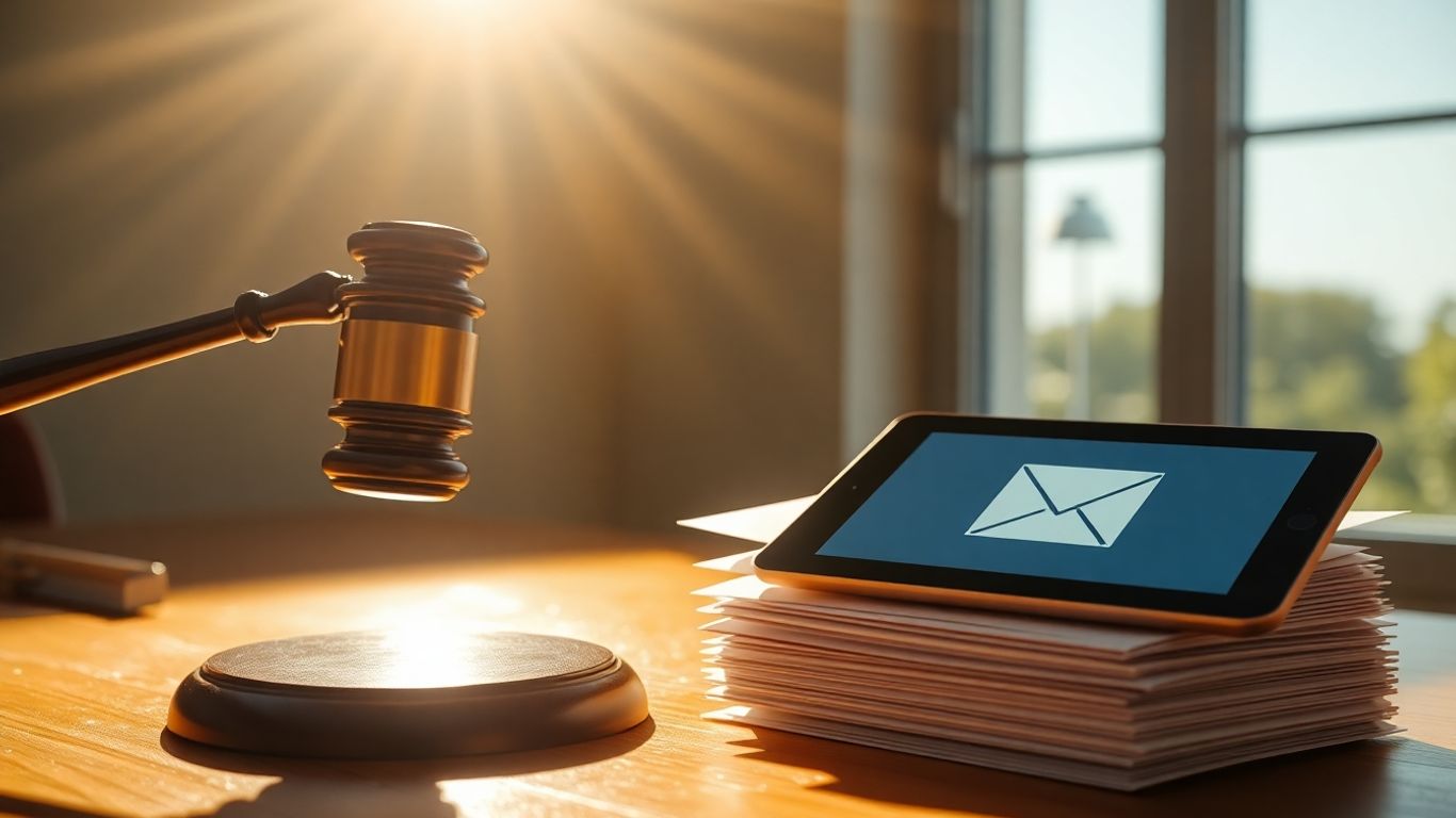 Gerichtshammer auf Briefen und Newsletter-Symbol auf Tablet.