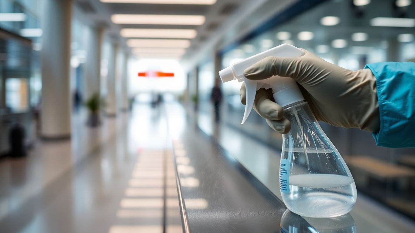 Gloved hand sanitizing a public surface.