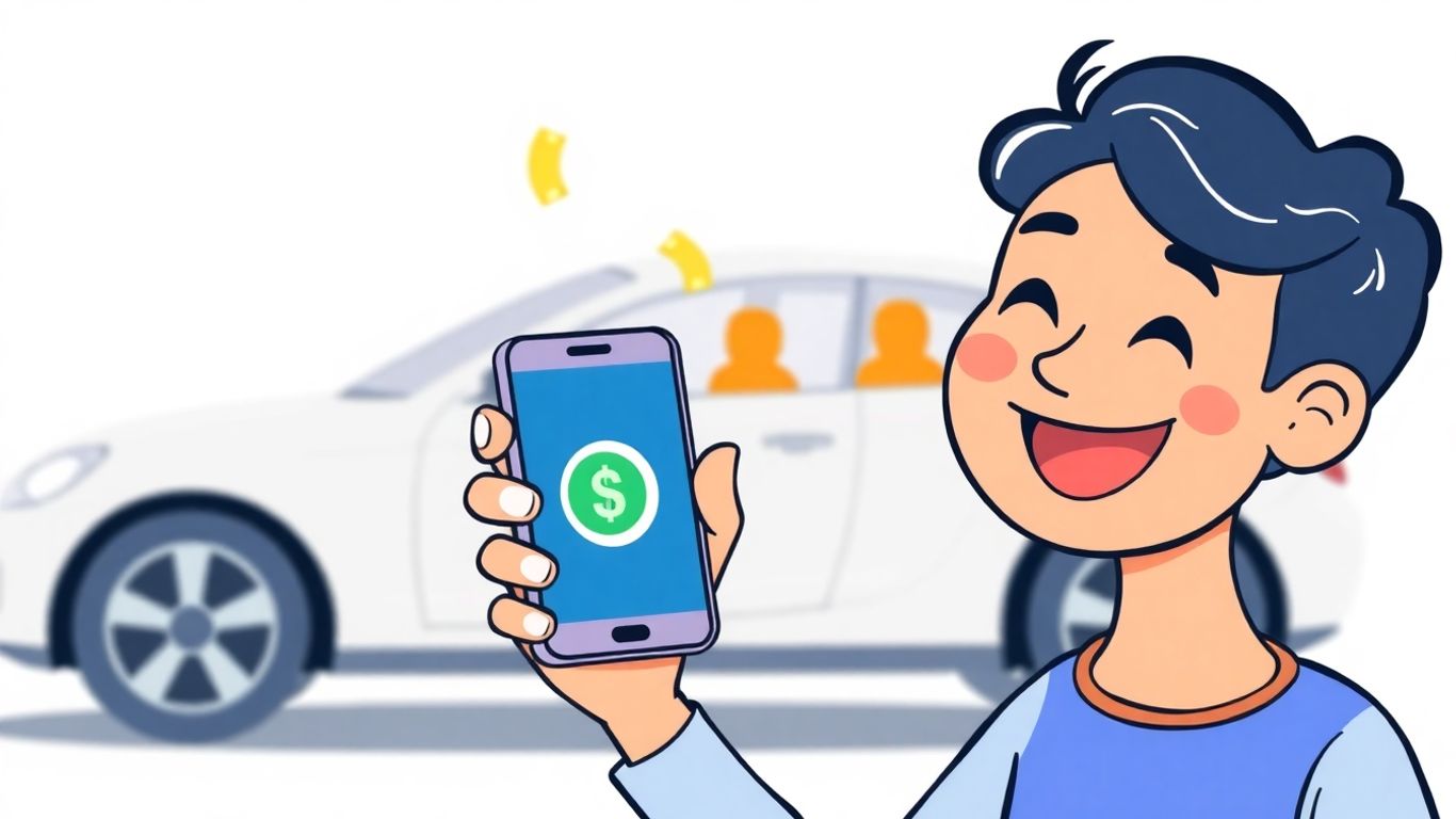 Person receiving money on phone with car