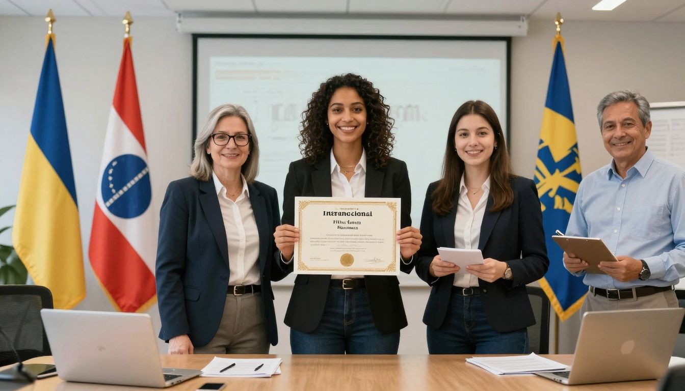 Diploma internacional sendo analisado em várias bandeiras de países.