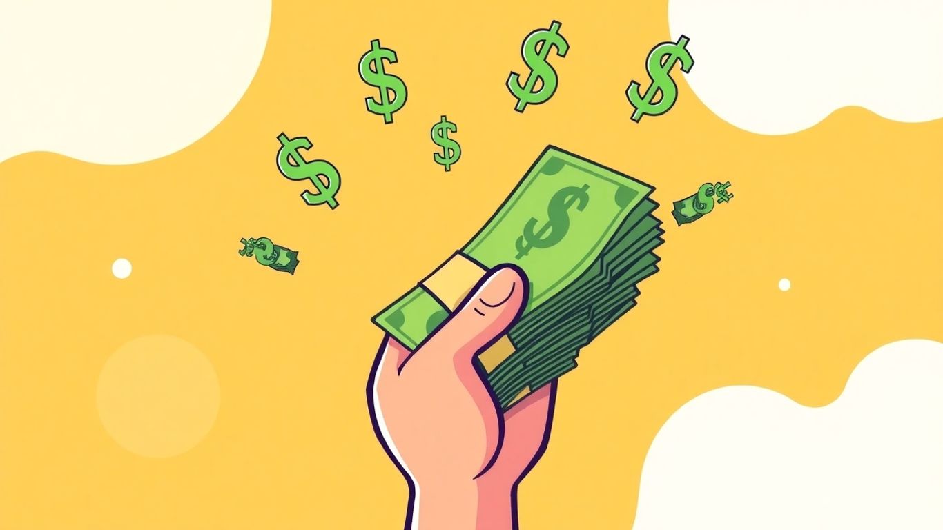 Cartoon hand holding cash with dollar signs.