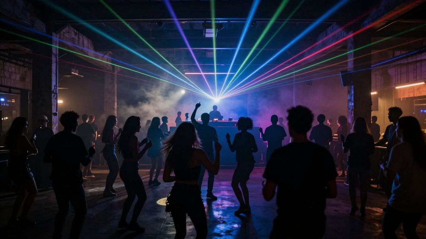 Mensen dansen in een donkere, sfeervolle warehouse club.