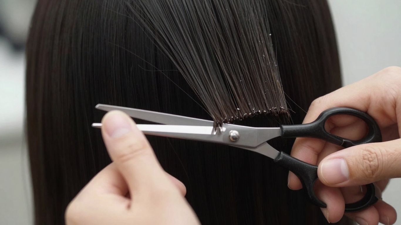Hairstylist precision cutting hair with scissors.
