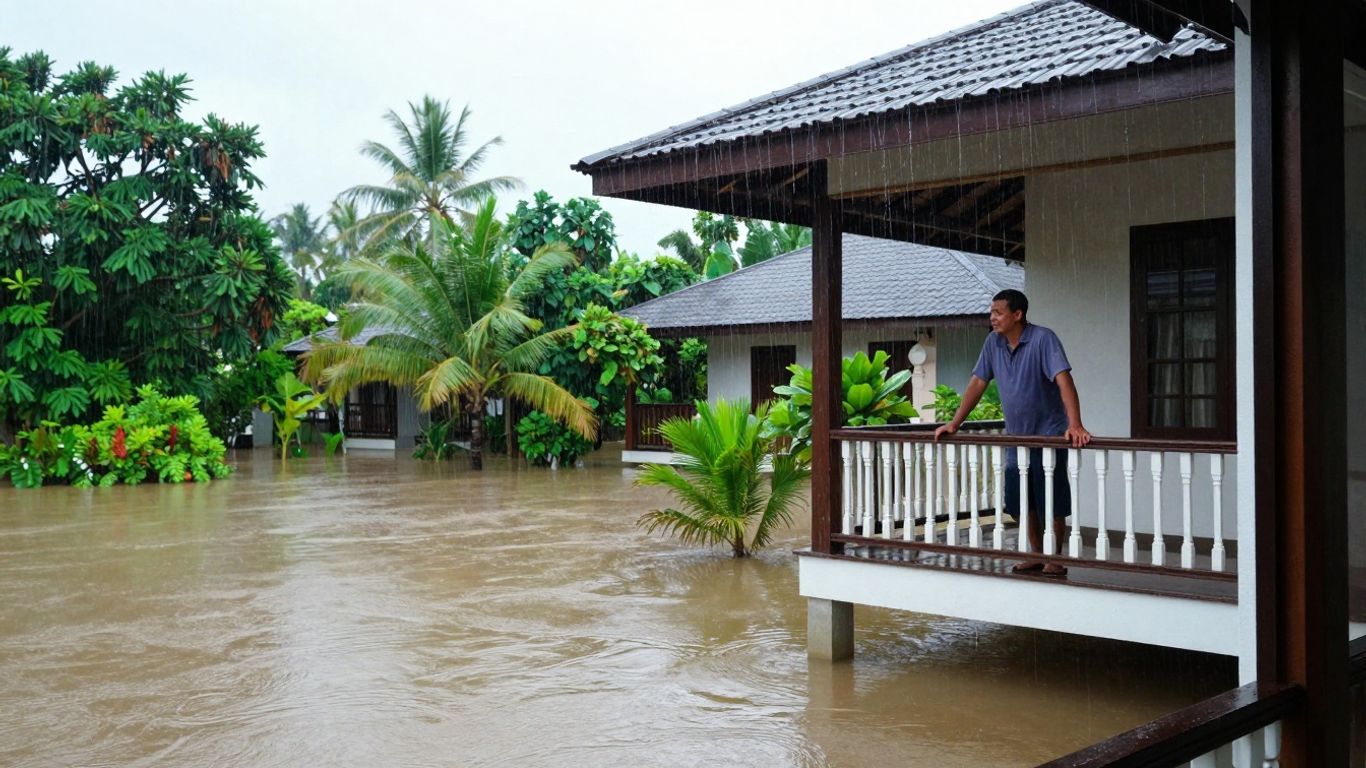 Flooded villa in Phuket during heavy rainfall.