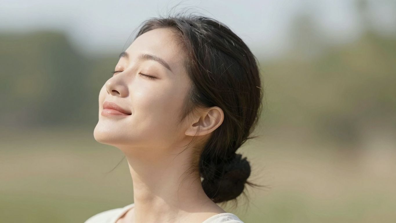 Frau atmet tief ein, Augen geschlossen, friedlicher Ausdruck.