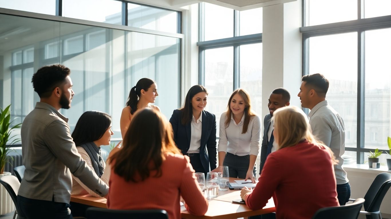 Business professionals collaborating in a bright, modern office.