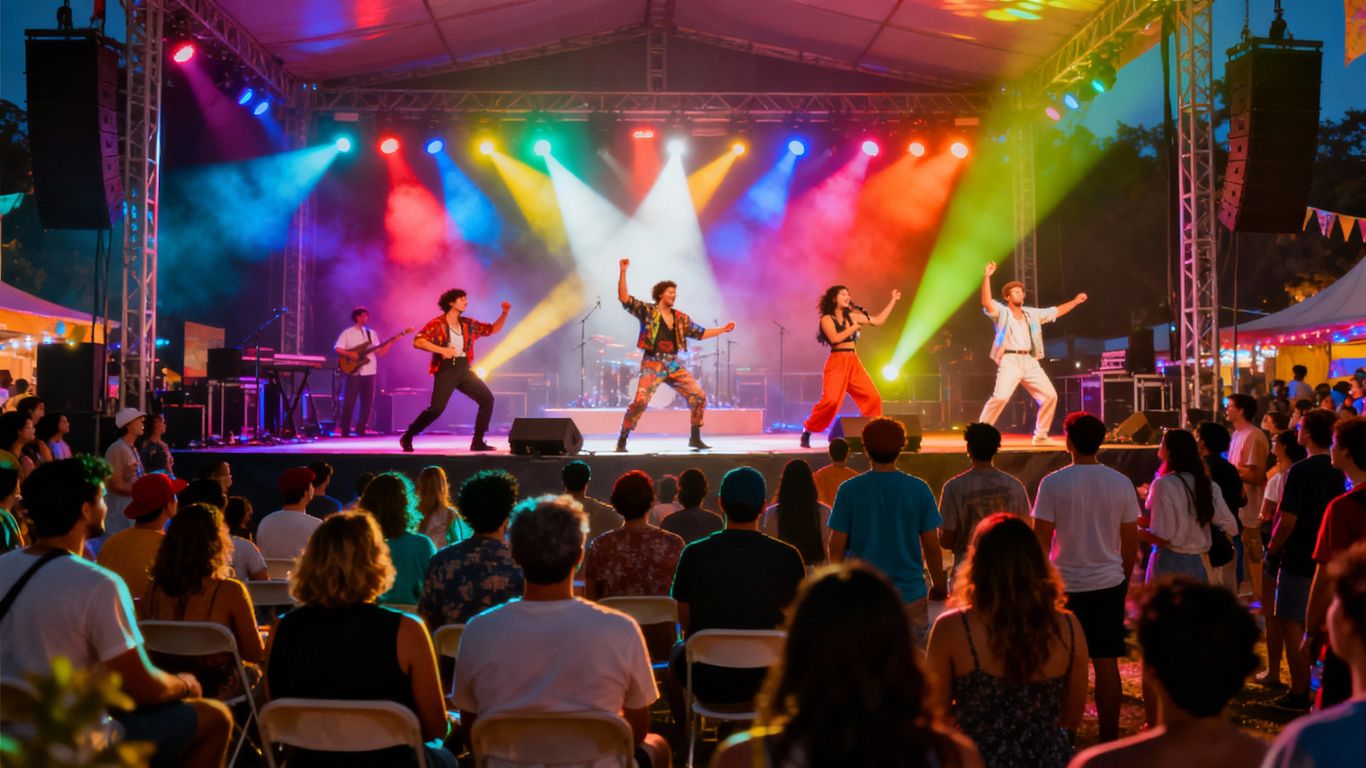 Comedy festival stage with performers and audience.