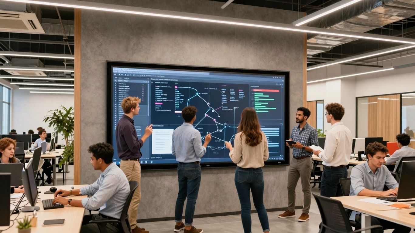 Diverse team collaborating on an innovation platform.