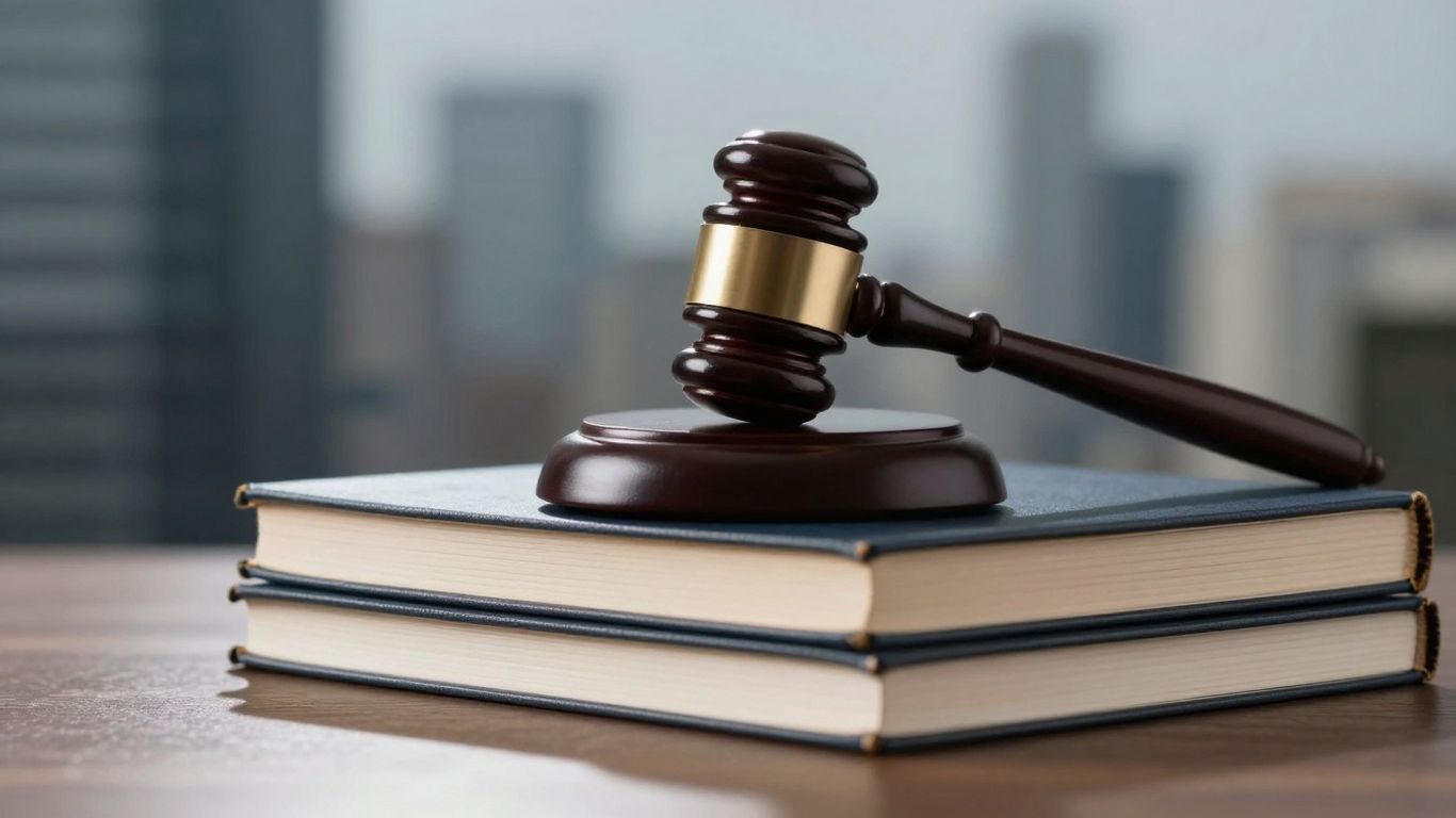 Gavel on legal books with cityscape background.