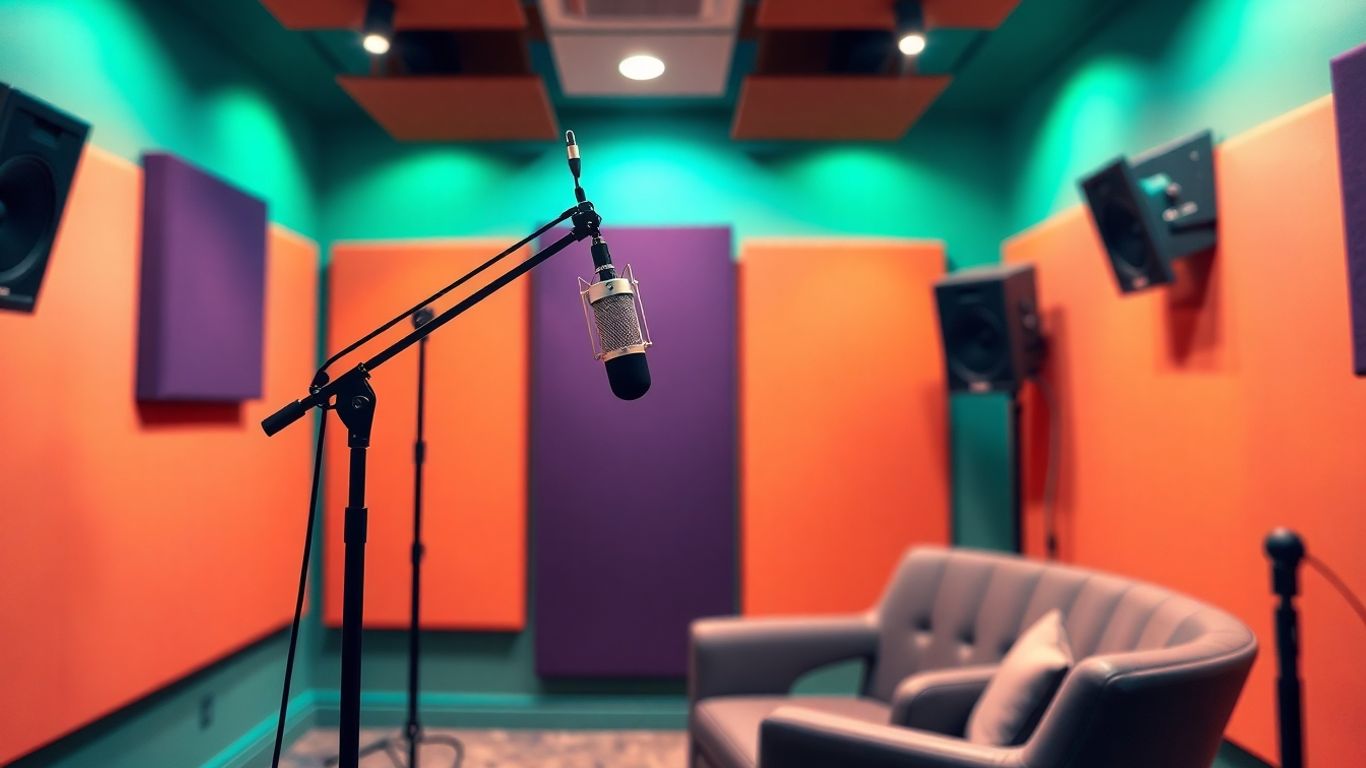 Estudio de podcast moderno con micrófono y silla.