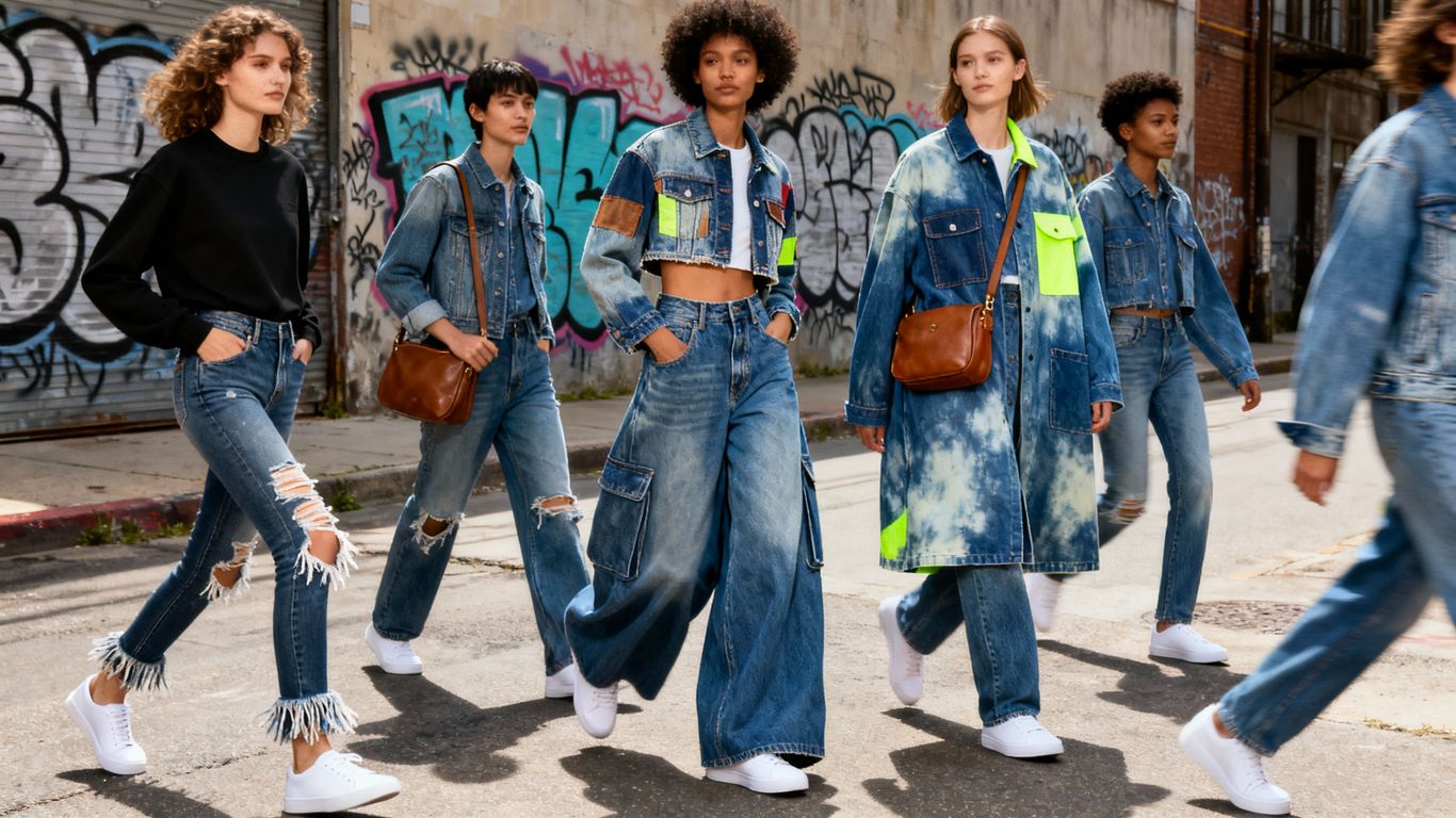 Models wearing 2025's top denim trends and styles.