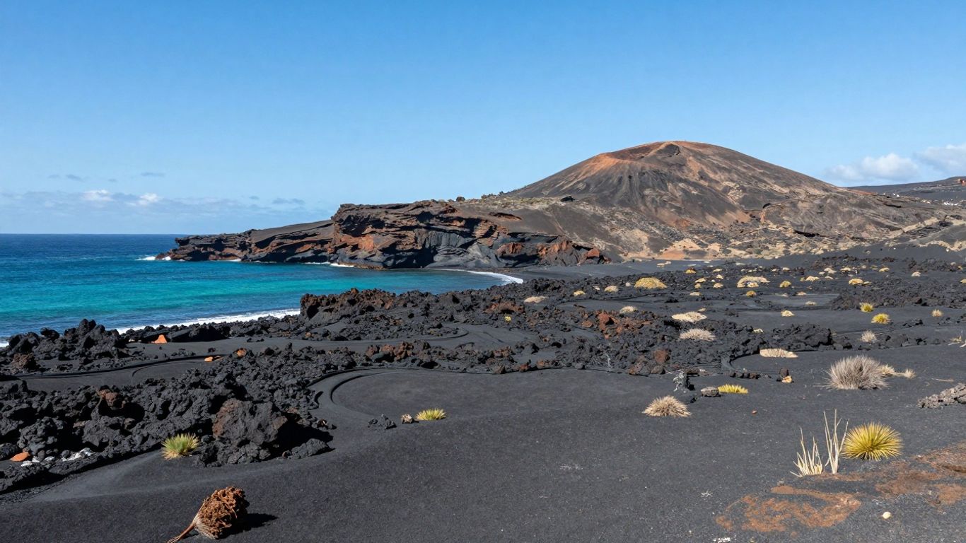 Volcanic landscape of Lanzarote meeting the turquoise ocean.