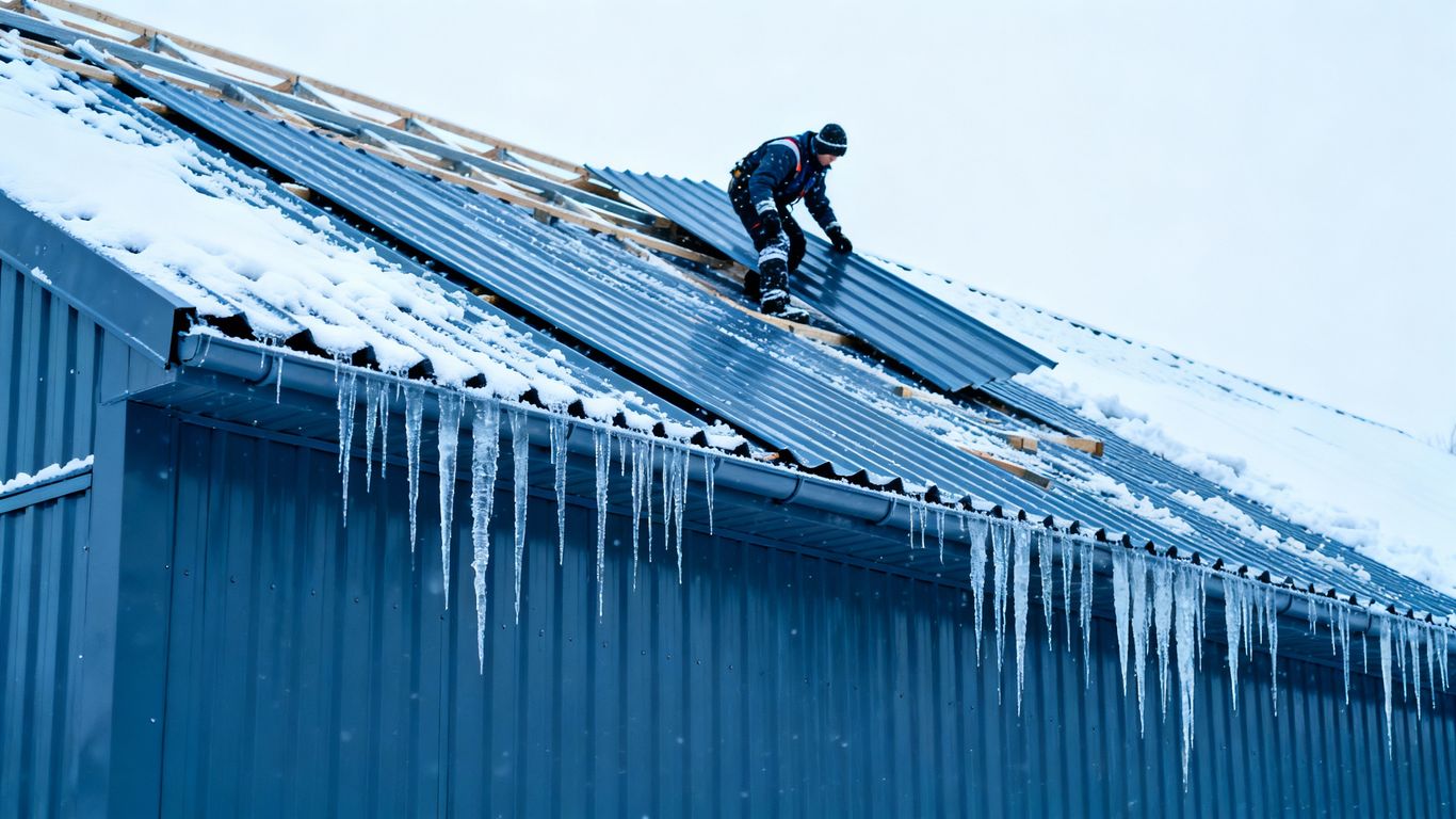 Worker installing metal roof in snowy winter conditions.