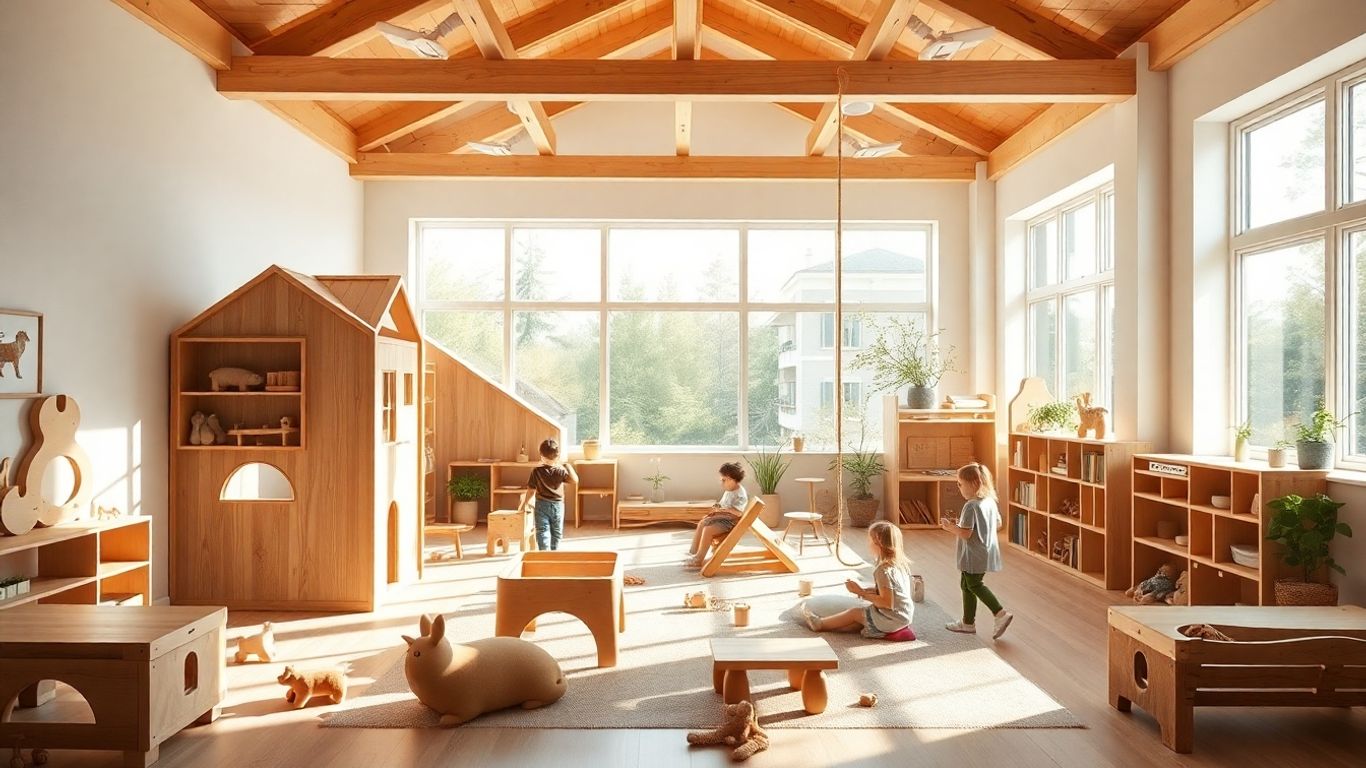 Copii jucându-se cu jucării ecologice într-o cameră luminoasă.