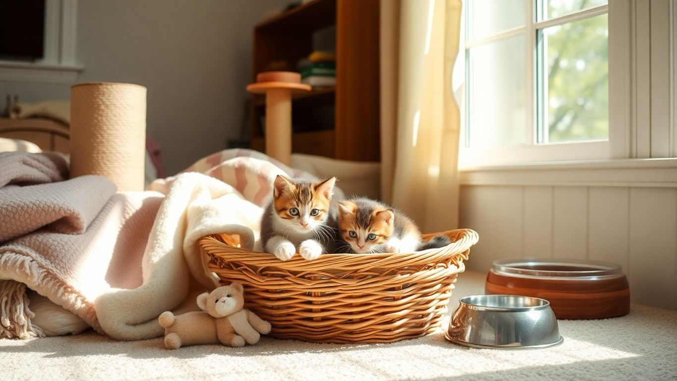 Kitten exploring a basket of new cat supplies.