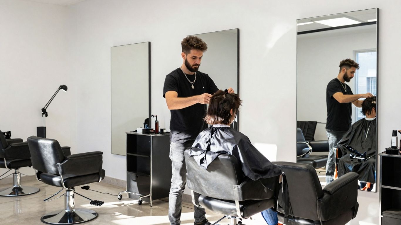 Stylish hair salon interior with clients and stylists.