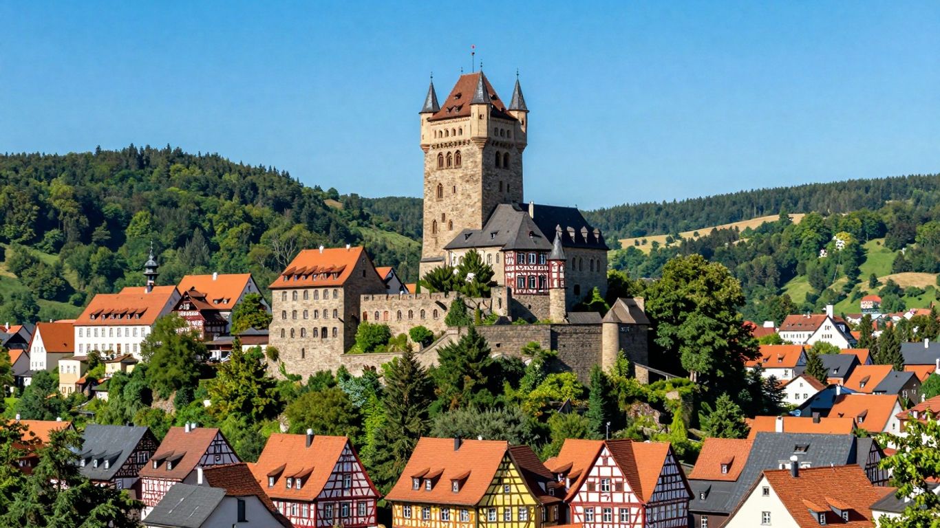 Schloss Wernigerode und bunte Fachwerkhäuser im Harz